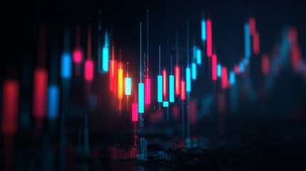 Aufkleber - Abstract Neon Candlestick Chart Financial Market Stock Exchange Trading Investment Digital Art Graphic Background Design Modern Technology Blue Red Financial Growth Economic       