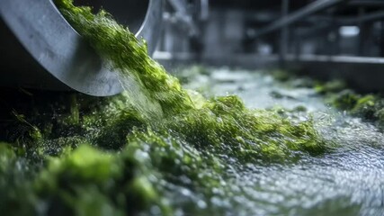 Poster - Wet, freshly harvested algae undergoing processing in an industrial facility, emphasizing algae's potential as a sustainable resource for biofuels, food, and pharmaceuticals