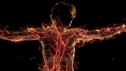 Poster - Powerful energy surging through human anatomy, radiating fiery luminescence with outstretched arms against dramatic dark backdrop, visualizing inner intensity and spiritual transformation