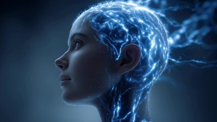 Aufkleber - Neural network activity visualized through electric impulses moving across female brain, depicting dynamic neurological connections and cognitive processing in glowing blue light