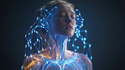 Poster - luminescent energy lines radiating from female body, revealing interconnected network of biological 