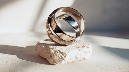 Poster - Elegant Silver Interlocking Rings Modern Abstract Sculpture on White Stone Minimalist Home Decor Stylish Contemporary Art Piece Bright Light Studio Photography Luxury Design Object