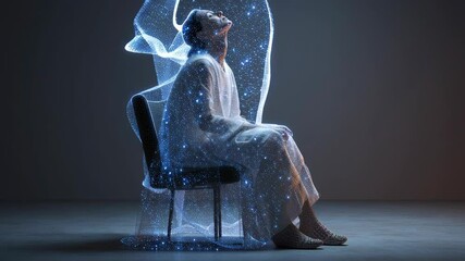 Poster - Virtual reality simulation envelops scientist, expanding energy field and particles swirling around them as they sit in chair, exploring digital world