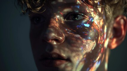 Poster - Colorful light projections dancing across blond haired young man's face, generating dynamic artistic expression through innovative visual design and experimental projection techniques