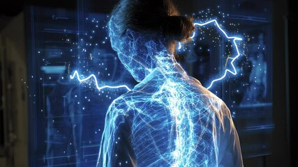 Poster - Futuristic medical scanner analyzing doctor's nervous system, showing brain activity and spinal cord, highlighting potential neurological issues in laboratory setting