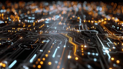 Poster - Abstract Futuristic Circuit Board Technology Background Digital Orange Blue Glowing Lines Network Design Modern High Tech Innovation Electronic Pattern  Digital Art Illustration   