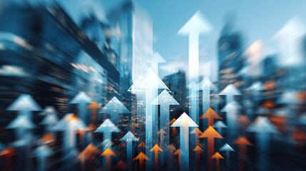 Poster - Abstract Cityscape Background with Dynamic Upward Arrows Representing Growth Progress Success and Financial Development Modern Business Technology and Innovation Concept Futuristic