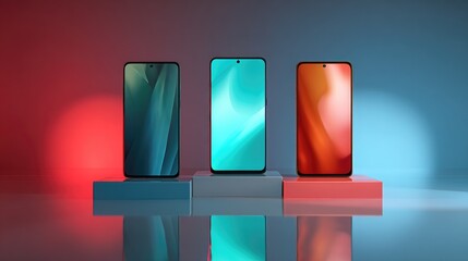 Poster - Trio of high-tech smartphones in minimalist display with reflection and bright lighting