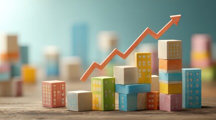 Poster - Toy cityscape with rising arrow shows progress, success, and creative expansion