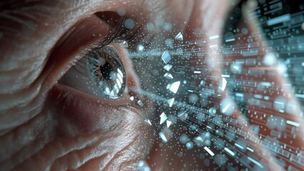 Poster - Digital data stream flowing through senior woman's eye, visualizing technological knowledge integration and futuristic vision of innovative information processing
