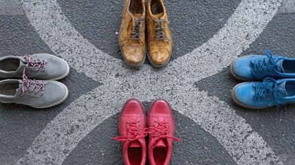 Poster - Shoes at a three-way intersection, each path representing a unique journey ahead