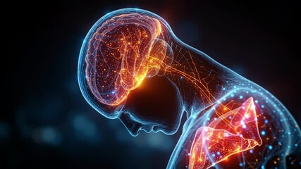 Poster - Brain animation revealing neurological connection between shoulder pain and nervous system, highlighting intricate interactions within human anatomy and medical science visualization