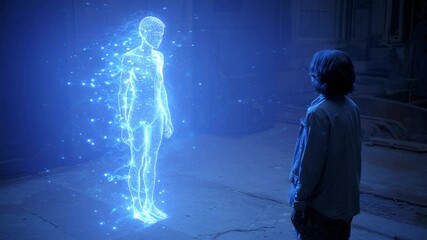 Poster - animation shows a scientist observing a hologram of a human body, with light particles flowing aroun