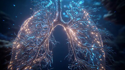 Poster - particles are flowing through glowing human lungs, simulating breathing and suggesting a concept of 