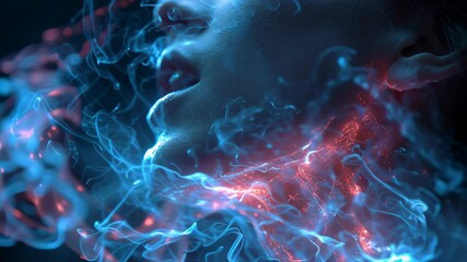 Poster - Female silhouette glowing with red and blue smoke, emanating mystical vapor from open mouth, enveloping face in luminescent, ethereal light display against dark background