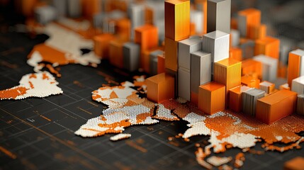 Aufkleber - Global Business Growth Orange and Grey 3D Cubes World Map Abstract Financial Data Visualization Modern Technology Innovative Digital Marketing Success Strategy International Trade 