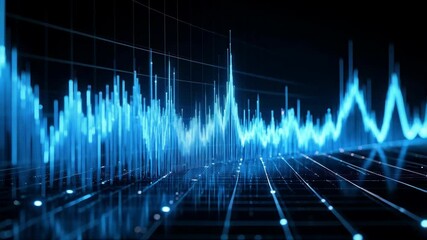 Poster - digital frequency waveform with blue glow, abstract technology concept with grid and lines on dark b