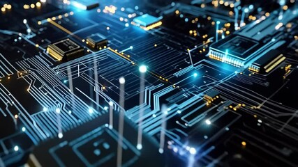 Poster - Close-up video of blue glowing circuit board, microchips, and electronic components depicting high technology