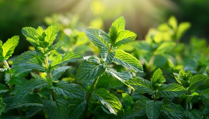 fresh green lush foliage mint herb plant outdoor