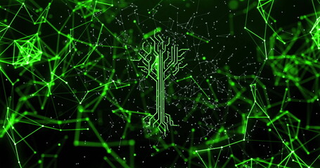 Poster - Displaying central tree-shaped circuit floating in virtual network mesh, with glowing green nodes