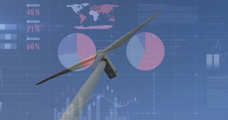 Poster - Showing wind turbine nacelle, rotor hub and blade spinning at wind farm with digital data overlays