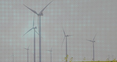 Poster - Spinning wind turbines generating electricity on grassy plain under overcast sky, with low shrubs