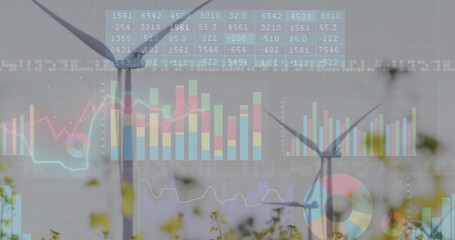 Poster - Displaying two wind turbines rising between tall grass at wind farm, with financial chart overlays