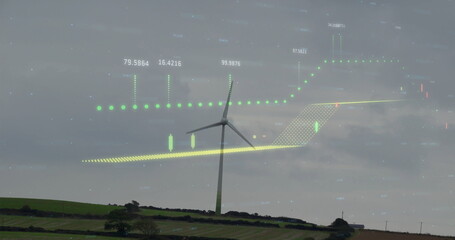 Poster - Rotating wind turbine rising above farmland with hedgerows, with floating data points, candlesticks