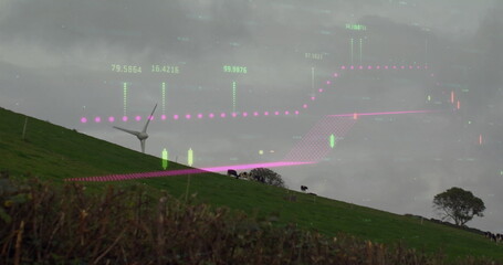 Poster - Wind turbine standing on farmland, with grazing cattle, hedgerow and digital overlay, copy space
