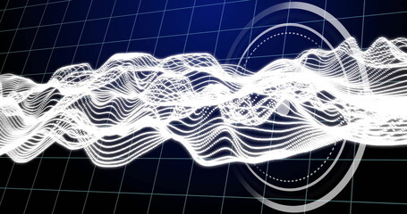 Aufkleber - Undulating waveforms moving across blue digital plane, with teal grid lines and circular overlays