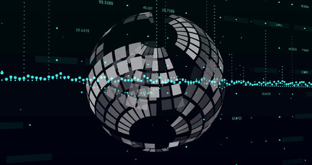 Poster - Floating segmented 3D sphere rotating in virtual environment, displaying waveform, numeric overlays