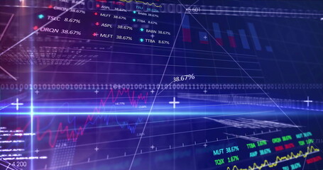 Poster - Streaming financial data on holographic display, with grid, binary, percentages, tickers and charts