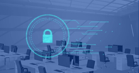 Poster - Displaying holographic padlock icon projecting data in open office, with white desks, black chairs