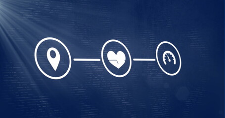 Poster - Three white icons lining up on dark blue backdrop, with location pin, heart rate, speedometer