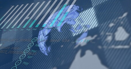 Poster - Showing rotating 3D digital globe over analytics dashboard, with grid lines and bar chart Apr–Sep