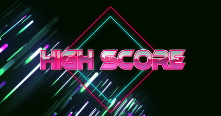 Poster - Displaying HIGH SCORE text glowing on dark canvas, with neon diamond outlines and light streaks