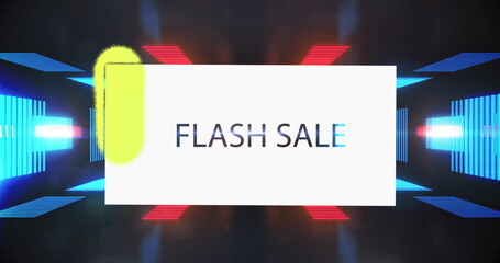 Poster - Displaying white FLASH SALE banner in digital tunnel with yellow brushstroke and blue red neon bars