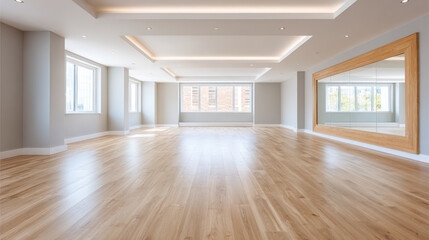 Poster - Spacious empty room with wooden floor, large windows, and big wall mirror, filled with natural light creating calm and inviting atmosphere