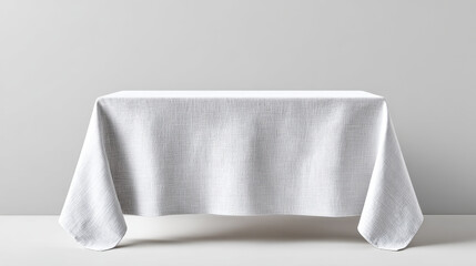 Poster - White linen tablecloth draped over rectangular table with clean light grey background, creating calm and minimalistic setting