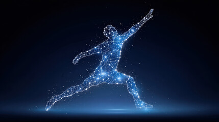 Aufkleber - Digital human figure made of glowing constellation points and lines in dynamic pose with dark blue background, expressing energy and motion