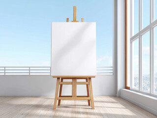 Poster - Blank white canvas on wooden easel in bright sunlit modern room with large windows and city view outside