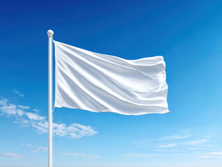Aufkleber - White flag waving on flagpole against clear blue sky with soft clouds, symbolizing peace and surrender in calm atmosphere