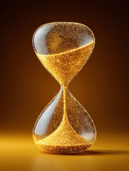 Poster - Golden hourglass with sparkling sand flowing down on warm brown background, symbolizing time passing and digital detox concept