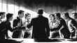 © Ganda - A black and white illustration of a tense business meeting, with figures arguing and expressing strong emotions.