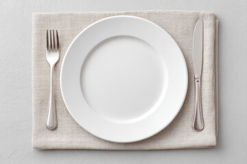 Aufkleber - Empty clean white plate with simple fork and knife on beige textured cloth, minimalistic table setting with neutral tones