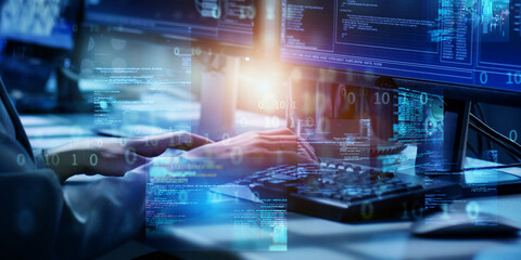 Holographic programmer workspace with floating binary codes, 3D data streams for software development demos and cybersecurity presentations