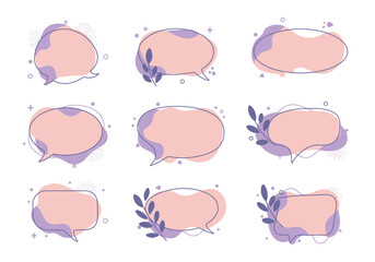 Poster - Collection of nine stylized speech bubbles with lavender  pink colors  decorative elements like leaves and dots