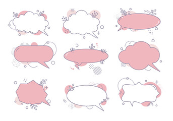 Poster - Cartoonish speech bubbles in rows with pink shapes purple outlines and decorative elements like leaves circles zigzags