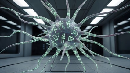 Alien language neural net glowing within a translucent organic processor