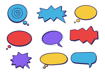 Poster - Nine colorful cartoon speech bubbles of various shapes and styles are arranged on a white background